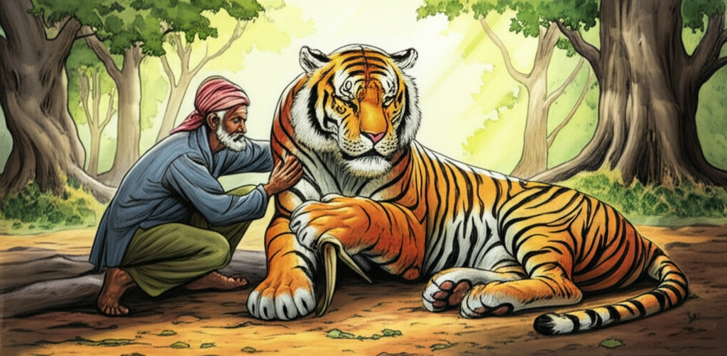 The poor man crouches next to a large, majestic striped tiger lying on the ground in a sun-drenched clearing. Light streams through the trees, illuminating the tiger’s fur. The tiger’s paw is raised, and a massive thorn, as big as the man’s hand and deeply embedded in the pad, is visible. The man is examining the thorn with concern, his brow furrowed and his hand gently touching the tiger’s leg. The ground is covered in fallen leaves and dappled with sunlight. Watercolor style, with vibrant oranges and blacks dominating the tiger’s fur, contrasted against the earthy tones of the forest floor. Emphasize the textures of fur and bark.