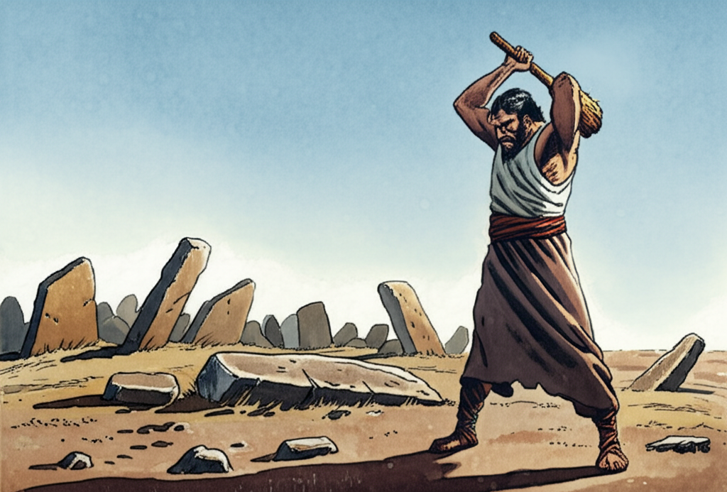 The poor man stands before a field of ancient stones under the harsh glare of the noonday sun. The shadows are short and sharp. Some stones are upright, weathered and covered in moss, while others are lying down, cracked and broken. He’s holding a large, crude wooden club over his head, its surface rough and splintered, about to strike one of the stones that is lying on the ground. His face is grim, his muscles tense. The sky is a clear, pale blue. Watercolor style, with a muted color palette of grays and browns, emphasizing the starkness of the landscape and the man’s determined expression.