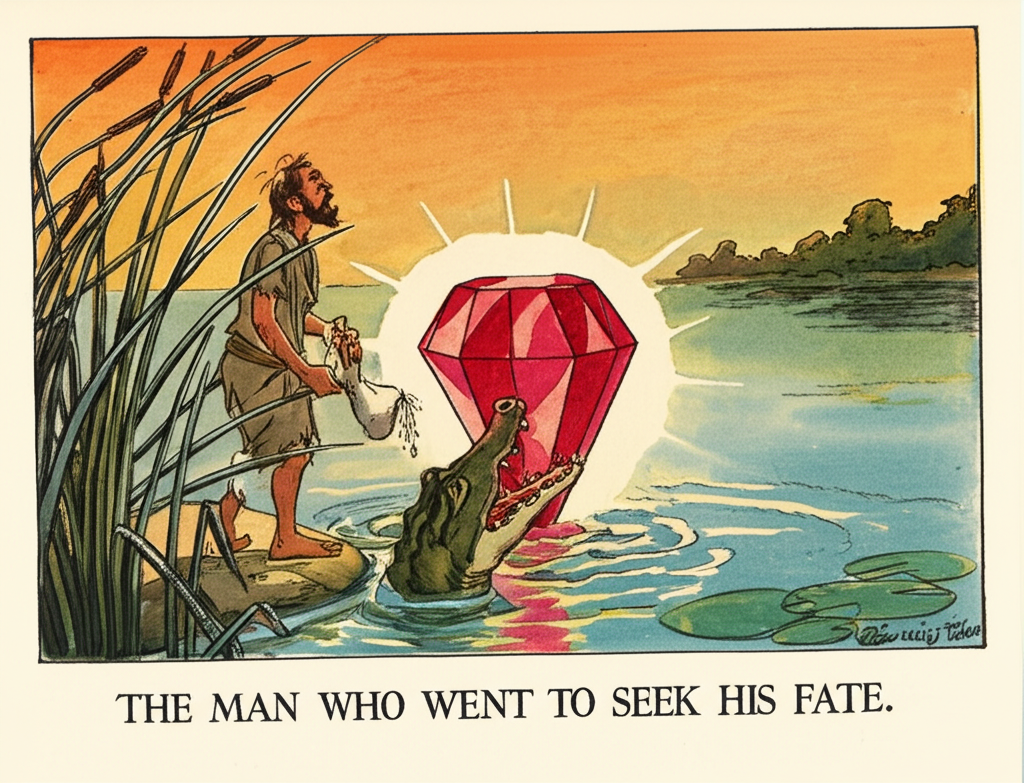 The alligator, partially submerged in the murky river water, is regurgitating a huge, gleaming ruby that catches the light with inner fire. The water around it is disturbed and rippling. The poor man stands on the riverbank, his ragged cloth bag open and ready, his eyes wide with disbelief and hope. The riverbank is overgrown with reeds and water lilies. The setting sun casts a warm, golden glow over the scene. Watercolor style, with a focus on the vibrant red of the ruby and the contrasting blues and greens of the river. Emphasize the sense of magic and wonder.