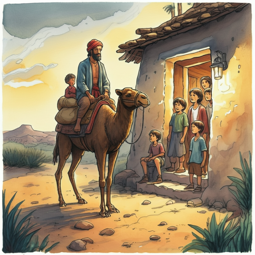 The poor man leads the camel, still laden with the two bags of gold and the cloth bundle, towards his humble home at sunset. The light is soft and golden, painting the scene in warm hues. His wife and twelve children stand in the doorway, their faces illuminated by the warm light spilling from inside, looking on with surprise and hope. The home is a simple, mud-brick structure with a thatched roof, nestled amongst a few trees. Watercolor style, with a focus on capturing the warmth and emotion of the family reunion. Use soft blending to create a sense of peace and contentment.