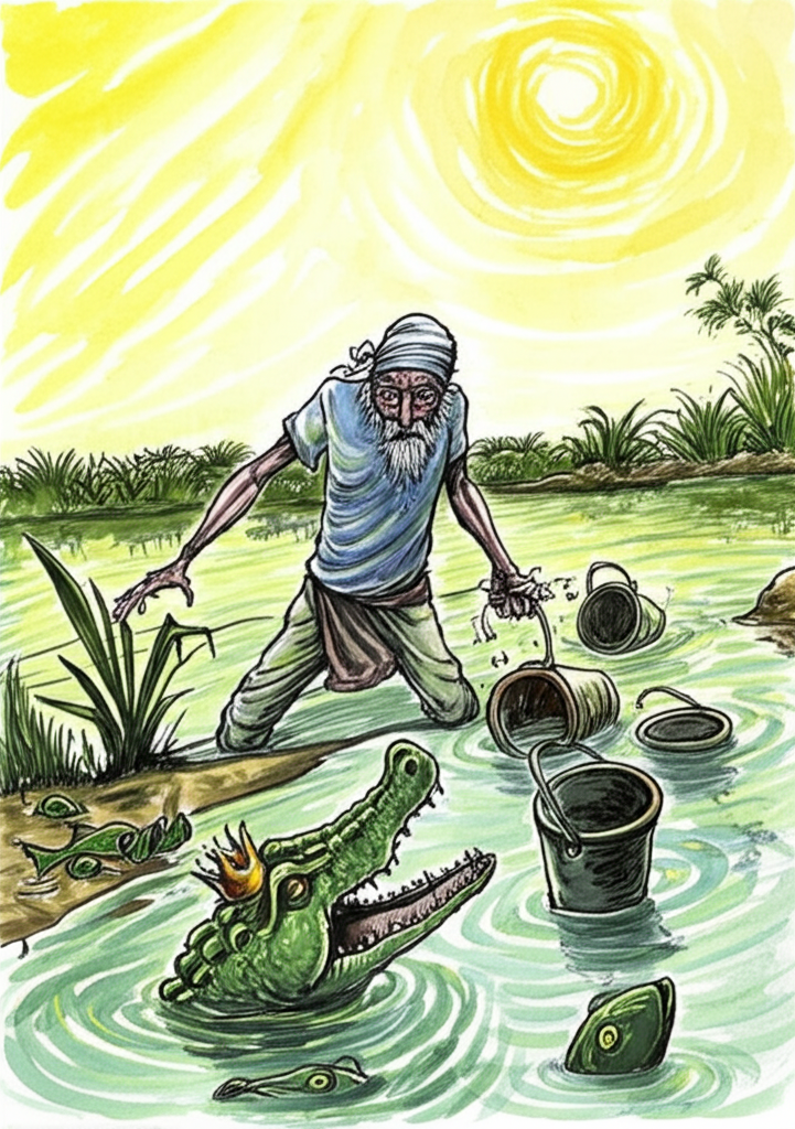 A greedy man, his face contorted with avarice, frantically pulls buckets of water from the river under the midday sun, ignoring the desperate pleas of the alligator (king of the fish), who has risen partially out of the water, its scales shimmering and eyes filled with rage. The river is starting to run low, revealing muddy banks. The alligator’s crown is tilted, and several smaller fish are clustering around him, looking distressed. Watercolor style, emphasizing the contrast between the man’s harsh, angular features and the alligator’s regal bearing. Use a palette of harsh yellows and greens to convey a sense of greed and environmental damage.