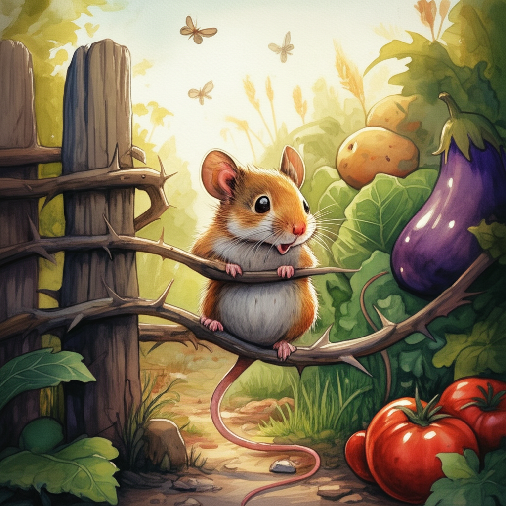 A tiny, brown mouse with a long tail is caught in a thorny fence surrounding a lush garden filled with colorful fruits (ripe red tomatoes, plump purple eggplants), vegetables (crisp green lettuce, earthy brown potatoes), and grains (golden wheat stalks bending in the breeze). Thorns are visibly stuck in his tail, drawing a tiny bead of blood. Watercolor style, soft morning lighting casting long shadows across the garden. Use a warm, vibrant color palette emphasizing reds, greens, and yellows. Focus on the distressed expression of the mouse and the sharp, spiky texture of the thorns. The fence is weathered wood, partially covered in ivy. A few stray butterflies flutter nearby.