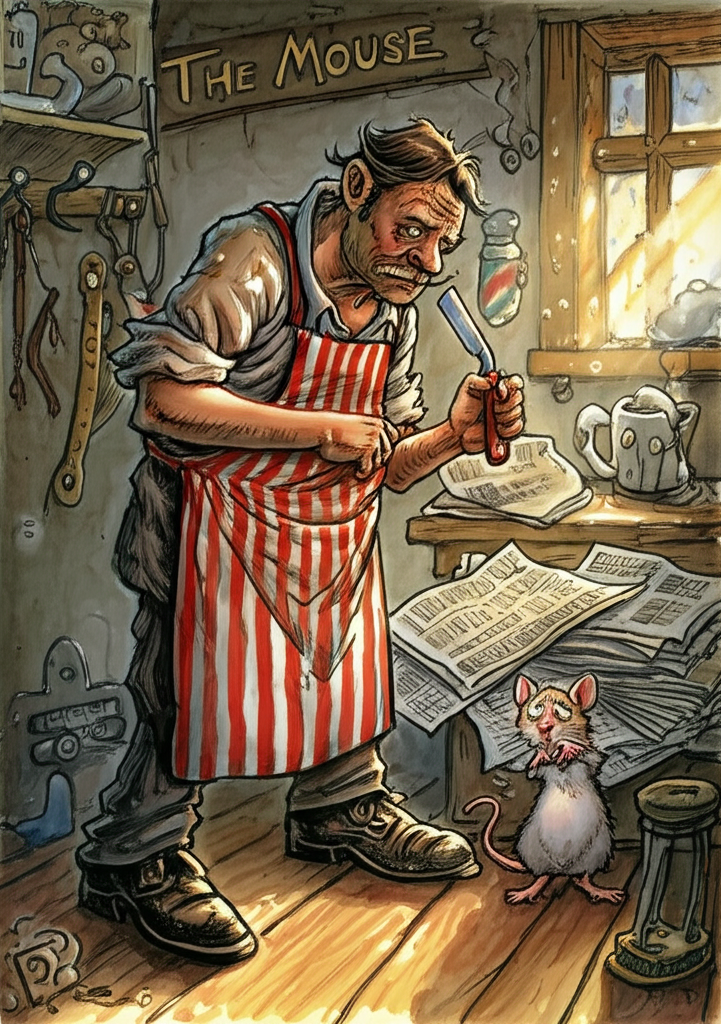 A weary barber with a striped apron (faded red and white) stands in his shop, holding a straight razor (gleaming steel under the dim light) near a distraught, tailless mouse who trembles on a stack of old newspapers. Various barber tools are visible in the background: rusty scissors, a cracked shaving mug, a leather strop hanging from a hook. Watercolor style, muted colors dominated by browns, greys, and a touch of faded yellow. Dust motes dance in the single ray of sunlight filtering through a grimy window. The floor is wooden, worn smooth by years of footsteps. Focus on the tension in the mouse’s posture and the barber’s tired eyes. The air hangs heavy with the scent of old cologne and sawdust.