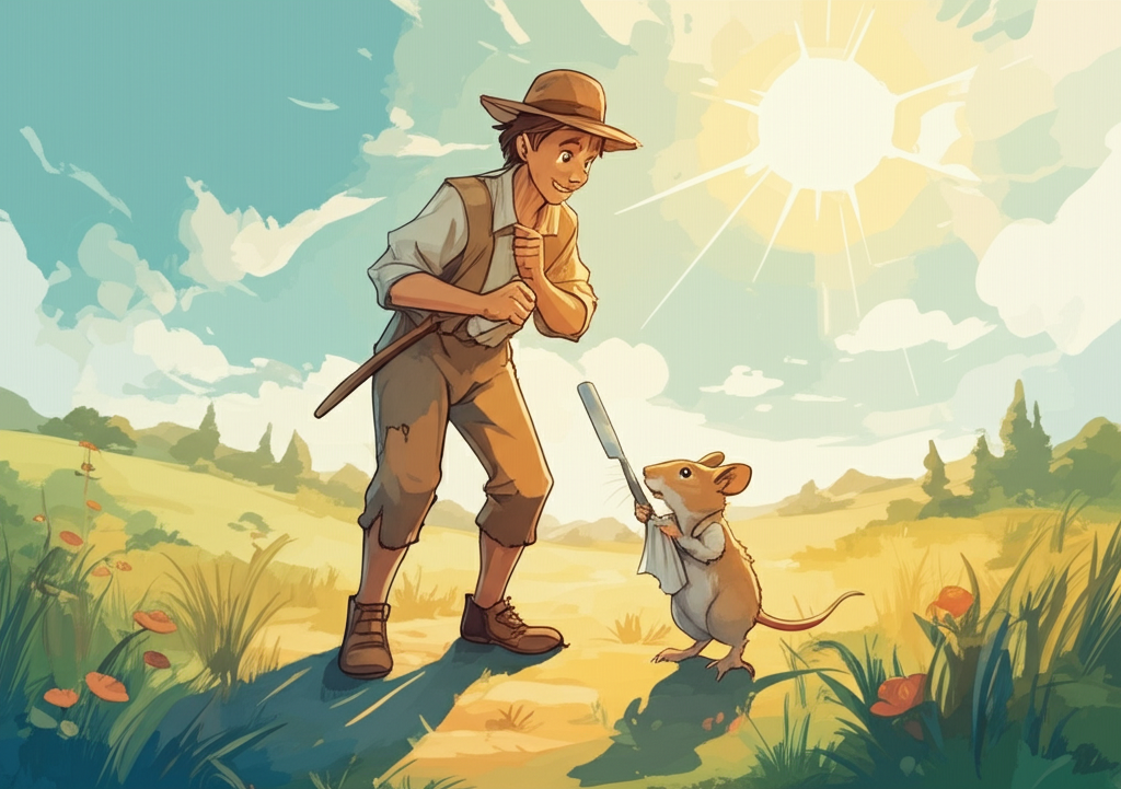 A field worker, wearing simple clothes (a patched burlap shirt and linen trousers), is gifted a straight razor (wrapped in a clean cloth) by a brown mouse standing on its hind legs. They stand in a grassy field under a bright midday sun, casting strong shadows. Watercolor style, pastoral scenery with rolling hills in the distance and a clear blue sky with fluffy white clouds. Use a bright, cheerful color palette featuring greens, blues, and yellows. Focus on the worker’s surprised and grateful expression and the mouse’s earnest demeanor. Wind gently rustles the grass. A few wildflowers dot the field.