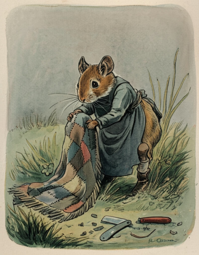 The brown mouse angrily snatches a woven blanket (rough wool, patched with different colored fabrics) from the same field worker, who is now looking sadly at a broken razor (fragments of steel and handle scattered on the ground). Watercolor style, with an emphasis on the emotions of the characters. Use a desaturated color palette with muted greens and browns to convey sadness and despair. The setting is the same grassy field, but the sky is overcast and grey. Focus on the field worker’s slumped posture and the mouse’s furious scowl. The broken razor lies amidst trampled grass and wilting wildflowers. The air feels heavy and still.