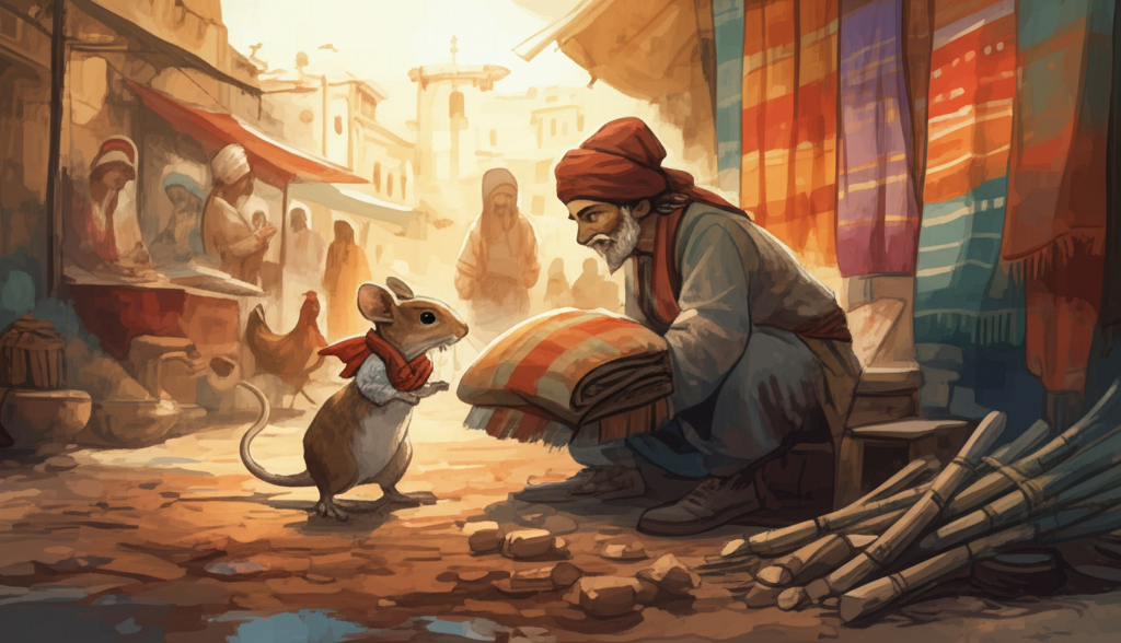 The brown mouse offers a blanket (slightly worn, but clean) to a merchant chopping sugar cane on the ground. The sugar cane is slightly muddy, stained with the brown earth. Watercolor style, market stall setting bustling with activity in the background (people haggling, chickens squawking, colorful cloths displayed). Use a warm color palette with browns, ochres, and muted reds to capture the earthy atmosphere of the market. Focus on the merchant’s wary expression and the mouse’s tentative offering. The stall is made of rough-hewn wood and draped with colorful fabrics. The air is thick with the smells of spices, fruits, and freshly cut sugar cane.