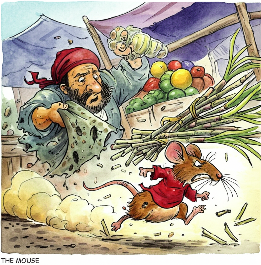 The brown mouse, overflowing with anger, runs away with several sugar cane stalks (leaving a trail of mud and debris), leaving the distressed merchant behind, holding a blanket riddled with holes (evidence of gnawing). Watercolor style, dynamic action capturing the mouse’s furious escape. Use a contrasting color palette with dark browns and reds for the mouse and bright yellows and oranges for the distressed merchant to highlight the conflict. The market stall is now partially overturned, scattering fruits and vegetables. Focus on the mouse’s speed and the merchant’s bewildered expression. Dust billows in the air.