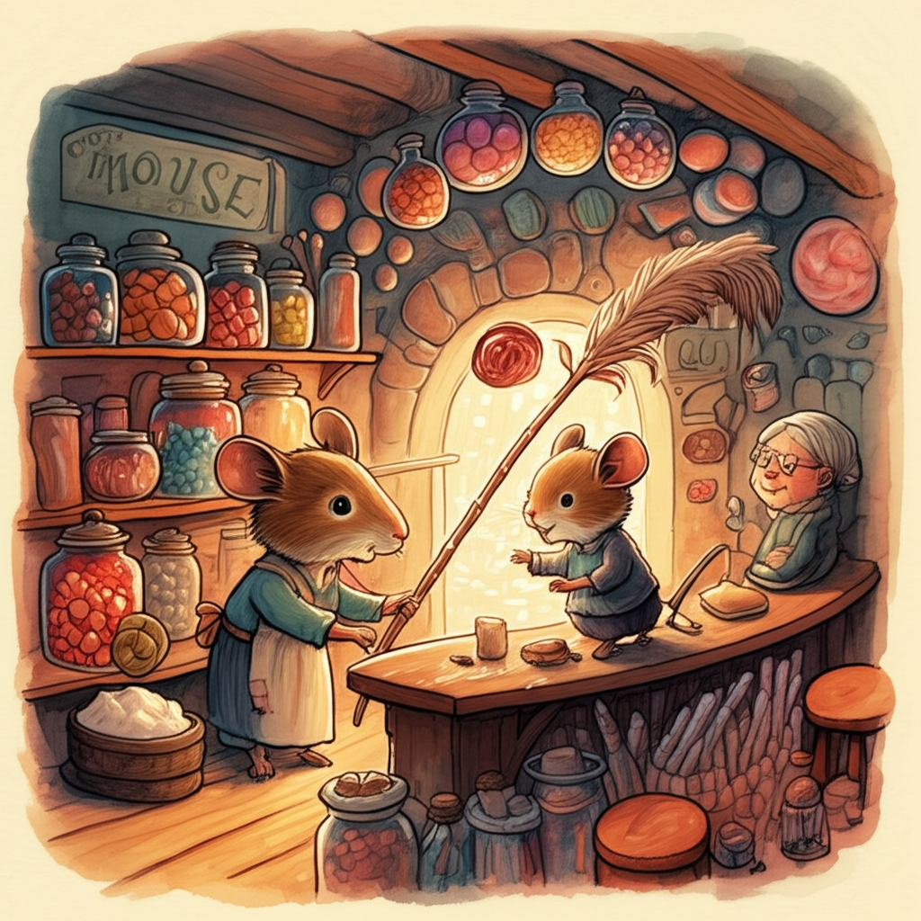 A tiny, brown mouse presenting stalks of sugar cane to a candy maker in a simple shop. Jars of colorful, but bland-looking, candies (hard candies, lollipops) are displayed on wooden shelves. Watercolor style, warm lighting from a crackling fireplace casting flickering shadows on the walls. Use a soft, inviting color palette with warm yellows, oranges, and browns. The shop is small and cozy, with a wooden counter and a few stools. The candy maker is an elderly woman with a kind face and flour-dusted apron. The air is sweet with the scent of sugar and spice.