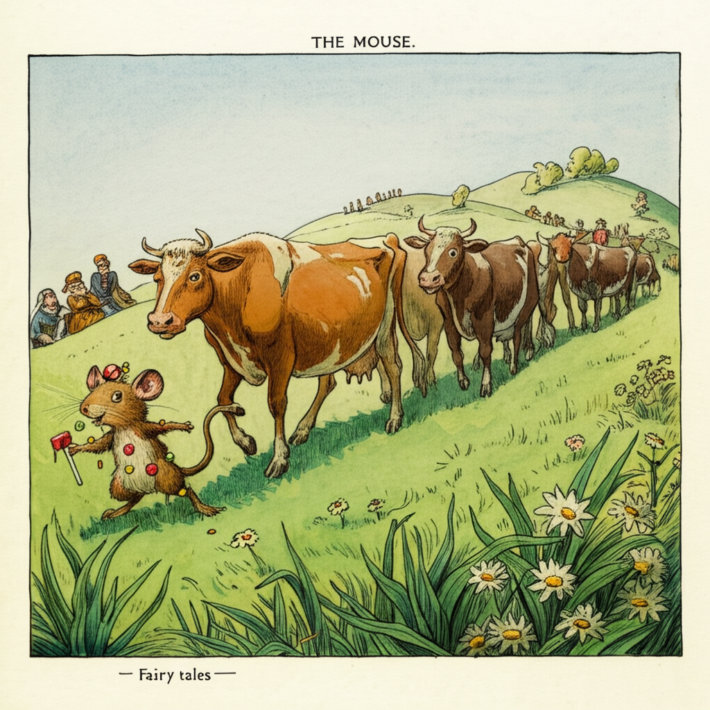 The brown mouse, now covered in candies (sticky residue clinging to his fur), leading a string of cows (each with a unique marking) through a vibrant green pasture, while behind him, several men (dressed in regal attire) are tied to a post (roughly hewn wood). Watercolor style, rolling hills backdrop dotted with wildflowers under a clear blue sky. Use a vibrant color palette with greens, blues, and touches of red and gold. Focus on the contrast between the carefree cows, the candy-covered mouse, and the helpless men. A gentle breeze rustles the grass. A sense of surreal absurdity permeates the scene.