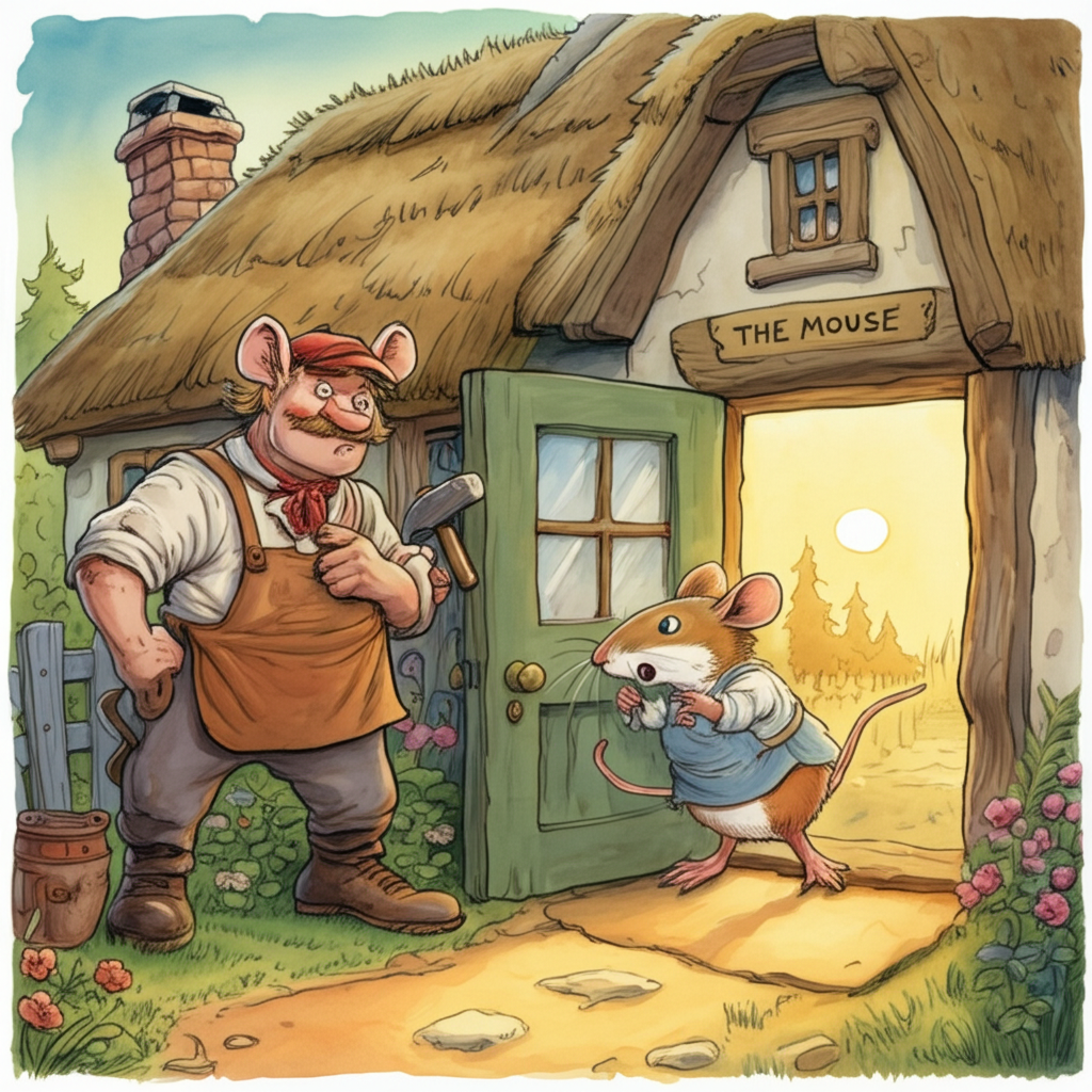 A very fat, brown mouse struggles to fit through the doorway of a small house (a simple cottage with a thatched roof). A carpenter stands nearby with a concerned expression (holding a hammer and nails). Watercolor style, focus on the mouse’s predicament with exaggerated proportions and comical expression. Use a warm color palette with earthy browns, greens, and yellows. The cottage is surrounded by a small garden with a few flowers. The doorway is narrow and the wood is slightly warped. The carpenter’s clothes are dusty and worn. The sun is setting, casting a golden glow on the scene.