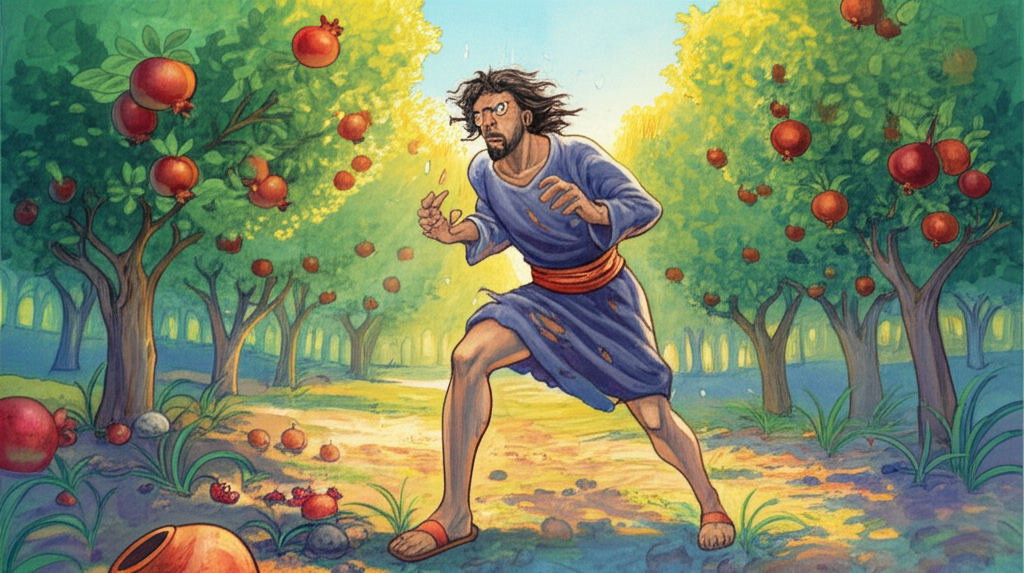 Watercolor illustration of the Pomegranate King discovering…