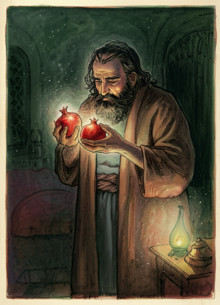 Watercolor illustration of the Pomegranate King holding…
