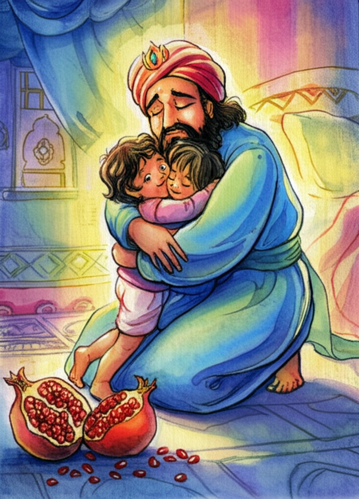 Watercolor illustration of the Pomegranate King hugging…