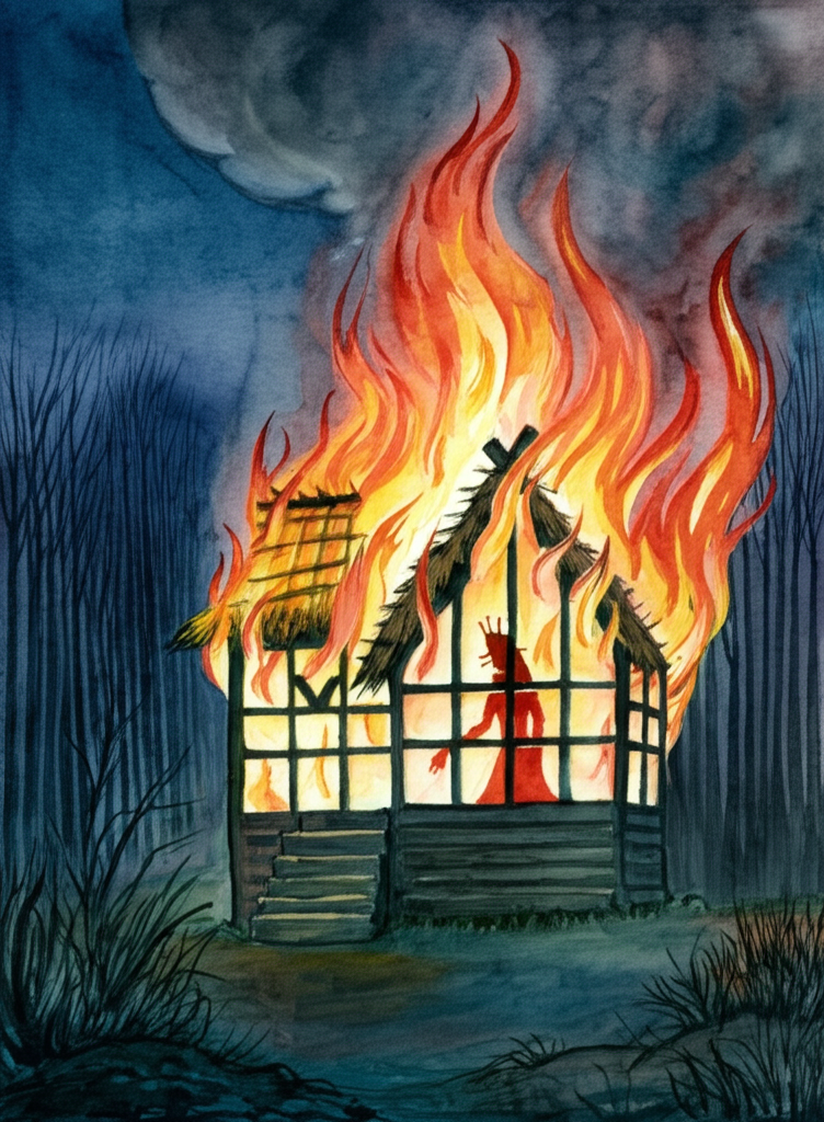 Watercolor illustration of a small, thatched-roof wooden house…