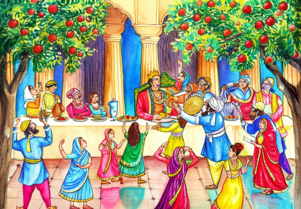 Watercolor illustration of the Pomegranate King…