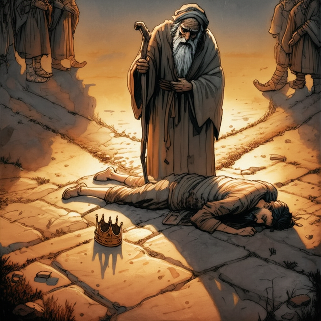 Watercolor illustration of a weary, defeated King lying face down at a dusty crossroads at twilight. Four paths, overgrown with weeds, stretch in different directions. Long, dramatic shadows from the setting sun emphasize his prone form. People with uncaring expressions walk over him, their feet kicking up dust motes illuminated by the golden light. A wise man with a long, flowing grey beard and deep wrinkles etched with sorrow stands beside him, looking down with profound concern, his hand resting gently on his gnarled wooden staff. The King’s tarnished gold crown has fallen askew, nestled in the dirt. The color palette is muted browns, oranges, and greys, creating a somber, melancholic tone. Texture of rough cobblestones and worn leather sandals are evident. Soft watercolor blending allows light to filter through wisps of clouds.