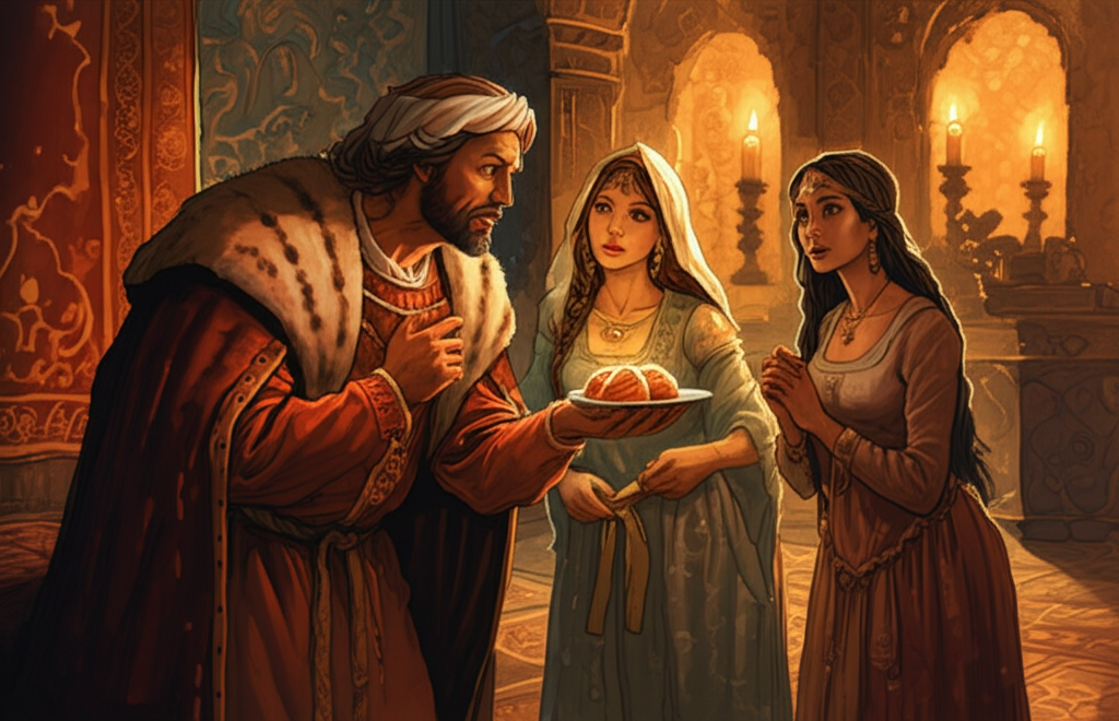 Watercolor illustration of the King, looking anxious and hopeful, offering two small, intricately decorated pastries (one a honey cake drizzled with syrup, the other a fruit tart dusted with sugar) to his two wives in a royal chamber illuminated by soft candlelight. The chamber walls are richly decorated with faded tapestries depicting scenes of hunts and battles, their colors muted with age. The King is wearing a velvet robe with fur trim. The wives stand before him, their faces reflecting a mixture of surprise and cautious pleasure. One is younger with dark, flowing hair and wears a silk gown; the other is older with braided hair adorned with jewels, wearing a simpler linen dress. The light reflects off the polished wooden floor and the gold trim of a nearby ornate mirror. The color palette uses warm golds, reds, and oranges, creating a hopeful yet slightly apprehensive mood. Watercolor texture defines velvet, silk, and flaky pastry layers.