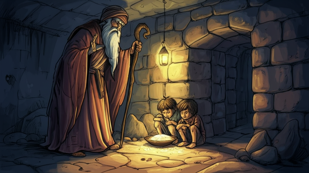 Watercolor illustration of the wise man, his face a mask of profound understanding, staff in hand, gesturing towards two young boys huddled together, eating rice in a dimly lit underground room. The single light source is a flickering oil lamp, casting dancing shadows on the rough-hewn stone walls. One boy is lean and eager, the other hesitant and timid. An ant, painstakingly carrying a grain of rice, struggles towards the entrance, while a larger, more aggressive ant tries to steal it. The wise man’s head is tilted, and his eyes are closed, suggesting he is listening intently to something beyond the visible. The color palette is dominated by dark browns and greys, with small touches of yellow from the lamp and white from the rice, creating a sense of confinement and hardship. Texture details include damp stone, rough spun cloth, and coarse grains of rice. Blending is used to suggest atmospheric depth and humidity.