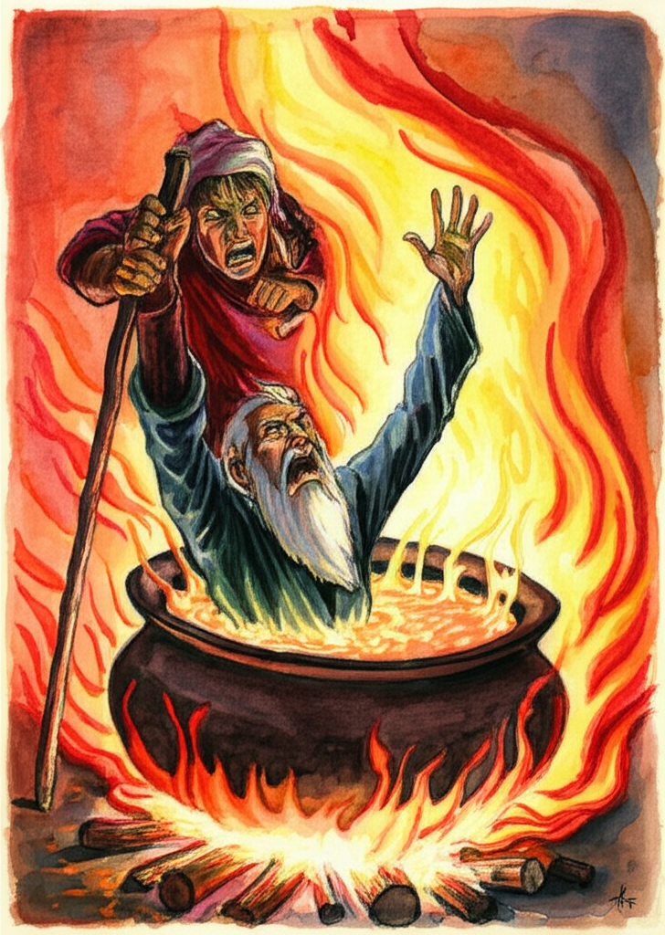 Watercolor illustration of the King’s son, now a sneering young man consumed by ambition, forcefully pushing the wise man into a large pot of bubbling hot oil over a blazing fire. The flames lick aggressively at the cauldron. The son has a determined and cruel expression, his jaw clenched. The wise man is caught entirely by surprise, his face etched with terror, his arms flailing wildly in the air, his staff falling to the ground. Embers are flying. The color palette is dominated by fiery reds, oranges, and yellows, contrasted with the deep shadows, creating a scene of intense violence and betrayal. Texture detail include the rough bark of the wood feeding the fire, the slick surface of the oil, and the fraying edges of the wise man’s robe. Blending around fire creates a sense of heat distortion.