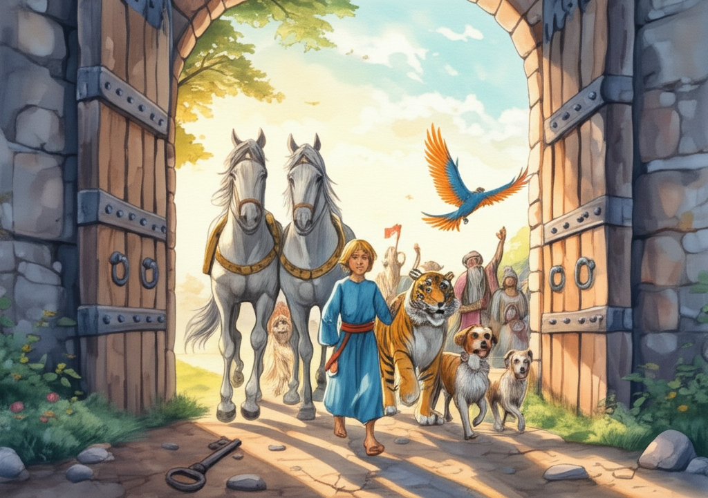 Watercolor illustration of the King’s son, leading a joyous procession of animals (two dappled grey horses with braided manes, two majestic tigers with gleaming stripes, two loyal-looking dogs of mixed breeds, and two giant, colorful birds of paradise) and grateful people out of a large, old wooden gate, its hinges groaning with age. The faces of the people are alight with relief and hope. All are moving towards a brighter, sun-drenched landscape in the distance. A rusty, ornate key lies abandoned on the cracked earth near the gate. The color palette transitions from darker, muted tones near the gate to vibrant greens, blues, and yellows in the distance, symbolizing freedom and hope. Texture detail includes the rough wood of the gate, the smooth coats of the animals, and the worn fabric of the people’s clothes. Soft blending of color washes enhances the sense of vastness and movement.