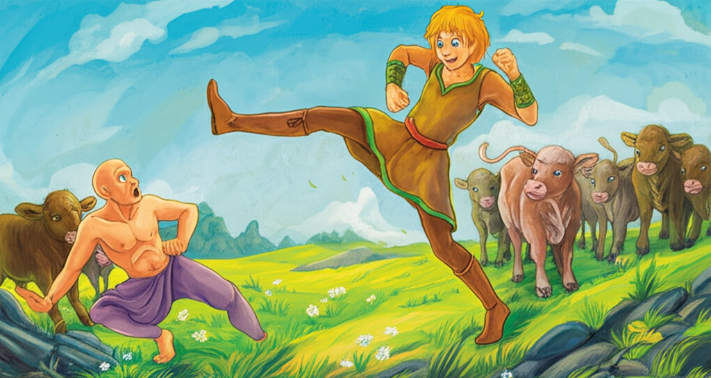 Watercolor illustration of the King’s son, lithe and strong, fighting a bald man with a surprised expression near a herd of fluffy, innocent-looking baby cows in a grassy field under a bright blue sky. The son is mid-kick, his movements agile and powerful, while the bald man is stumbling backward, his mouth agape in shock. The air is filled with the sounds of the cows’ gentle mooing. The lush green grass is dotted with wildflowers. The color palette is bright and cheerful, with a clear blue sky, verdant green grass, and the varied browns and whites of the cows, creating a sense of idyllic beauty disrupted by conflict. Texture detail includes the rough texture of the son’s leather armor, the smooth skin of the bald man’s head, and the soft fur of the baby cows. Highlights indicate the bright sunny atmosphere.