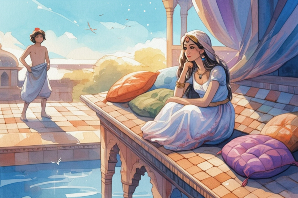 Watercolor illustration of the King’s daughter, her face a study in thoughtful intrigue, sitting on a tiled palace roof, looking down with interest at the King’s son, who is by a shimmering pond, taking off his clothes, unaware that he is being observed. She is surrounded by a riot of colorful silk pillows and intricately woven tapestries, their patterns fading slightly in the sunlight. The air is still and warm. Dragonflies flit near the pond. The water reflects the sky. The color palette is rich and vibrant, using jewel tones of sapphire, ruby, and emerald, creating a sense of luxury and hidden observation. Texture detail includes the smooth tiles of the roof, the soft fabric of the pillows, and the rippling surface of the water. Soft washes with sharp detail emphasis different focus points.