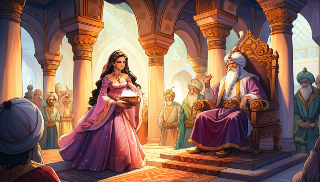 Watercolor illustration of the King’s daughter, with a mischievous glint in her eye, carefully placing a bowl of fragrant, shimmering perfume on the head of the King’s son, cleverly disguised as a ‘wise man’, in a grand hall filled with curious onlookers. The grand hall is adorned with ornate columns, high arches, and colorful banners displaying the kingdom’s sigil. The King sits on his ornate throne, looking utterly perplexed, his brow furrowed in confusion. The architecture is richly detailed and the hall is filled with warm light. The color palette is opulent and vibrant, using golds, purples, and reds to create a sense of royal grandeur and theatrical deception. Texture detail includes the smooth surface of the bowl, the rich fabrics of the onlookers’ clothing, and the intricate carvings on the throne. Soft color gradients emphasize light and shadows.
