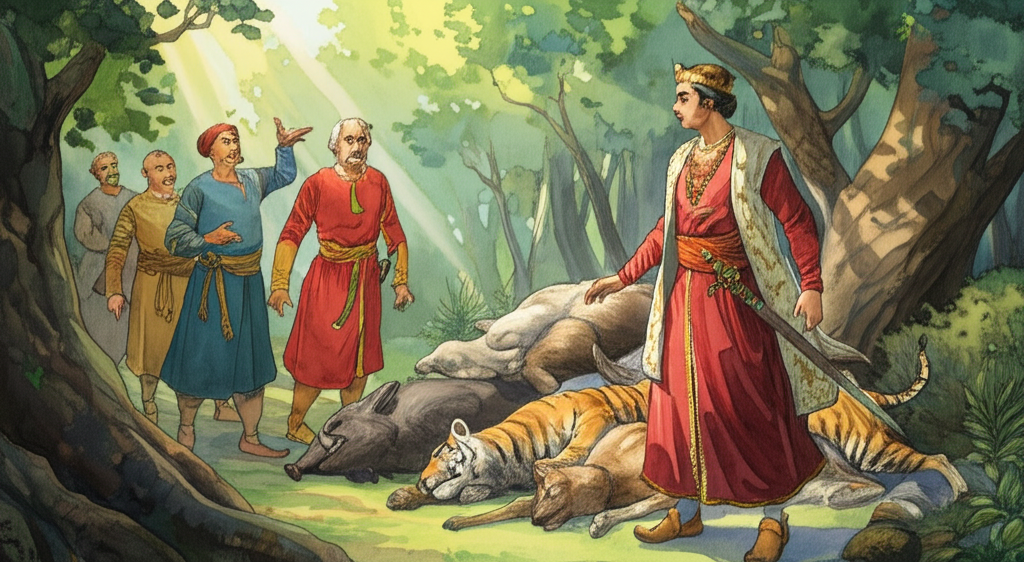 Watercolor illustration of the King’s son, now revealed as a prince, resplendent in fine clothes of crimson and gold, proudly showing the King a vast, impressive pile of hunted animals (deer with majestic antlers, wild boars with razor-sharp tusks, etc.) that his loyal tigers and dogs have brought down. The other princes, who are the King’s other sons-in-law, stand nearby, their faces contorted with envy and resentment. The setting is a lush forest clearing bathed in dappled sunlight, creating a sense of abundance and competition. Birds are flitting between trees. The color palette uses a mix of earthy tones (greens, browns) and vibrant colors (reds, golds), creating a sense of wealth, prowess, and underlying tension. Texture detail includes the rough fur of the animals, the smooth silk of the prince’s clothes, and the dappled light filtering through the leaves. Highlighted water colour wash indicates the effect of dappled light.