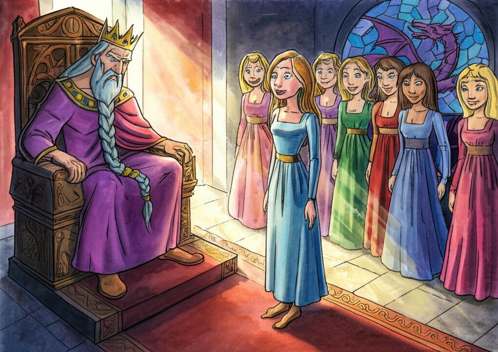 Watercolor illustration: A king with a long, braided, silver beard sits heavily on a carved oak throne, bathed in the harsh morning light streaming through a stained-glass window depicting a dragon. He glares angrily, his face lined with worry, at his seventh, youngest daughter, who stands before him in a simple, pale blue dress. Her six older sisters stand behind her, dressed in richly colored velvet gowns, their smiles tight and knowing. She is smiling serenely, her eyes sparkling with an inner light, despite the tense atmosphere. A worn, red carpet covers the stone floor, and dust motes dance in the sunbeams. The emotional tone is tense and foreboding. Artistic style: Loose watercolor with soft blending and visible brushstrokes.