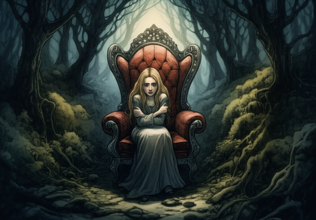 Watercolor illustration: A lone princess, no older than sixteen, sits huddled in a large, ornate, but faded, armchair placed incongruously in a dense, dark forest. The armchair is upholstered in tattered crimson velvet. Moonlight filters weakly through the thick canopy, casting long, distorted shadows. She looks scared, her eyes wide with fear, and a single tear rolls down her cheek, catching the moonlight. Her blonde hair is tangled and her simple linen dress is smudged with dirt. The forest is filled with gnarled trees and thorny bushes. The emotional tone is melancholic and frightening. Artistic style: Moody watercolor with a limited color palette and emphasis on light and shadow.