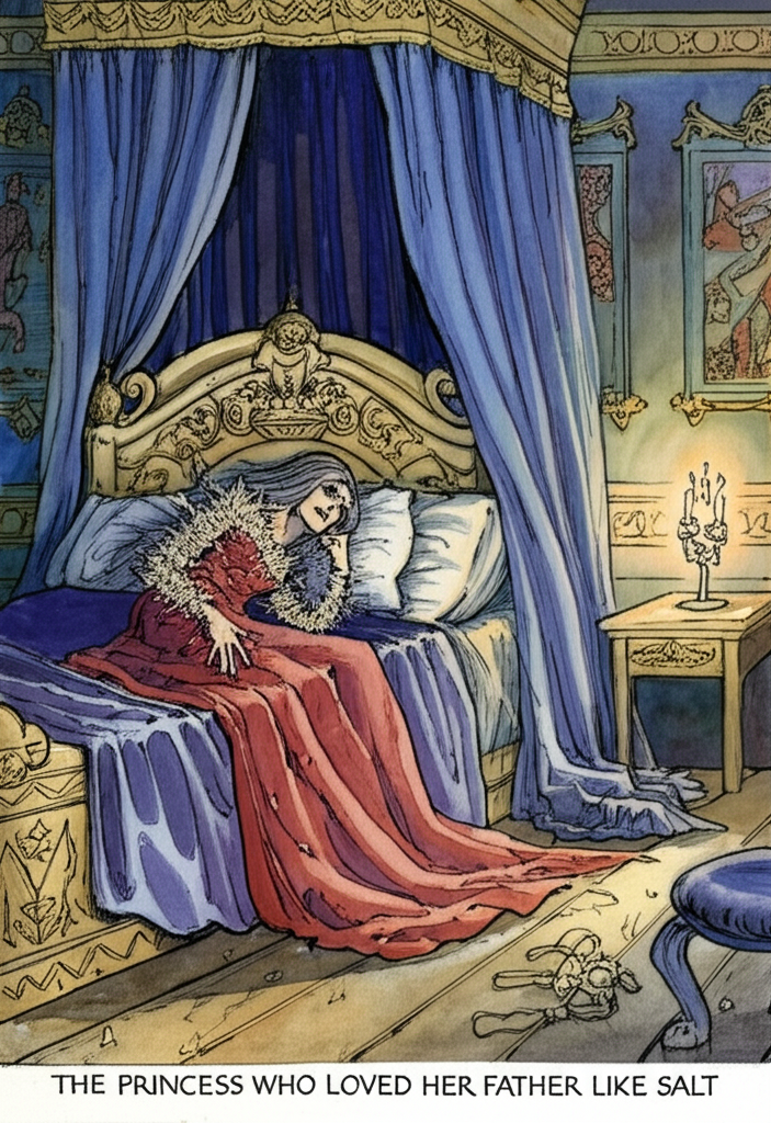 Watercolor illustration: The princess, exhausted and pale, sleeps fitfully on a fancy bed in a grand palace room. The bed has a high, intricately carved headboard and is covered in silk sheets of deep indigo and crimson. Soft candlelight flickers, illuminating her sleeping face. She is surrounded by the king’s son, his face contorted in pain, his entire body covered in tiny, glinting needles that reflect the candlelight. Some of the needles are lodged in the wooden floor surrounding him. The walls are painted in muted gold, and tapestries depicting hunting scenes hang unevenly. Emotional tone: Unease, fragility, and implied pain. Artistic style: Delicate watercolor with subtle shading and highlighting.