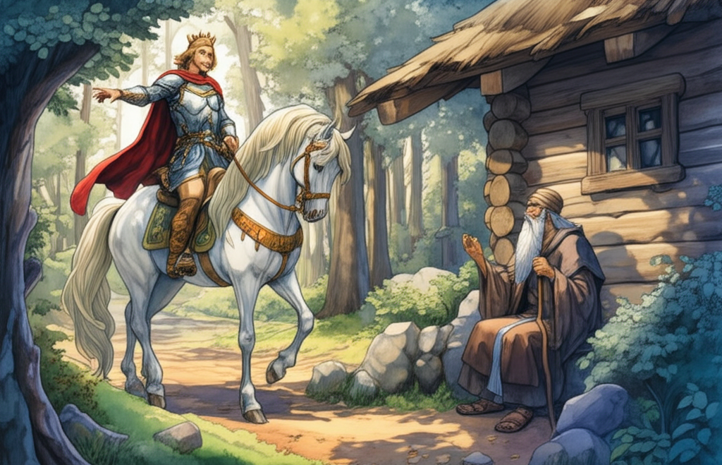 Watercolor illustration: The king, on a magnificent white stallion with braided mane and tail, speaks to a wise man in a long, flowing white beard and simple brown robe. The king’s armor gleams in the midday sun. The wise man sits outside a rustic wooden house in a forest, the wood weathered and gray. The house has a thatched roof and a small window. The king gestures dramatically with his hand, his face etched with concern. The wise man listens intently, his eyes closed, holding a gnarled wooden staff. Sunlight dappled through the leaves creates a mosaic of light and shadow on the forest floor. Emotional tone: Urgency and hopefulness. Artistic style: Realistic watercolor with attention to detail and atmospheric perspective.