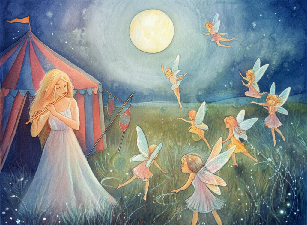 Watercolor illustration: At night, in an open field bathed in the silvery light of a full moon, the princess, dressed in a flowing white gown, plays a flute. Her music seems to pull at the heartstrings. Seven tiny fairies, each with shimmering wings, dance around her, their movements graceful and ethereal. A large, ornate tent, decorated with colorful banners, is set up behind them, casting a long shadow. The princess is crying silent tears, her face illuminated by the moonlight. Dew glistens on the tall grass. Emotional tone: Melancholy and magic. Artistic style: Dreamlike watercolor with soft edges and shimmering effects.
