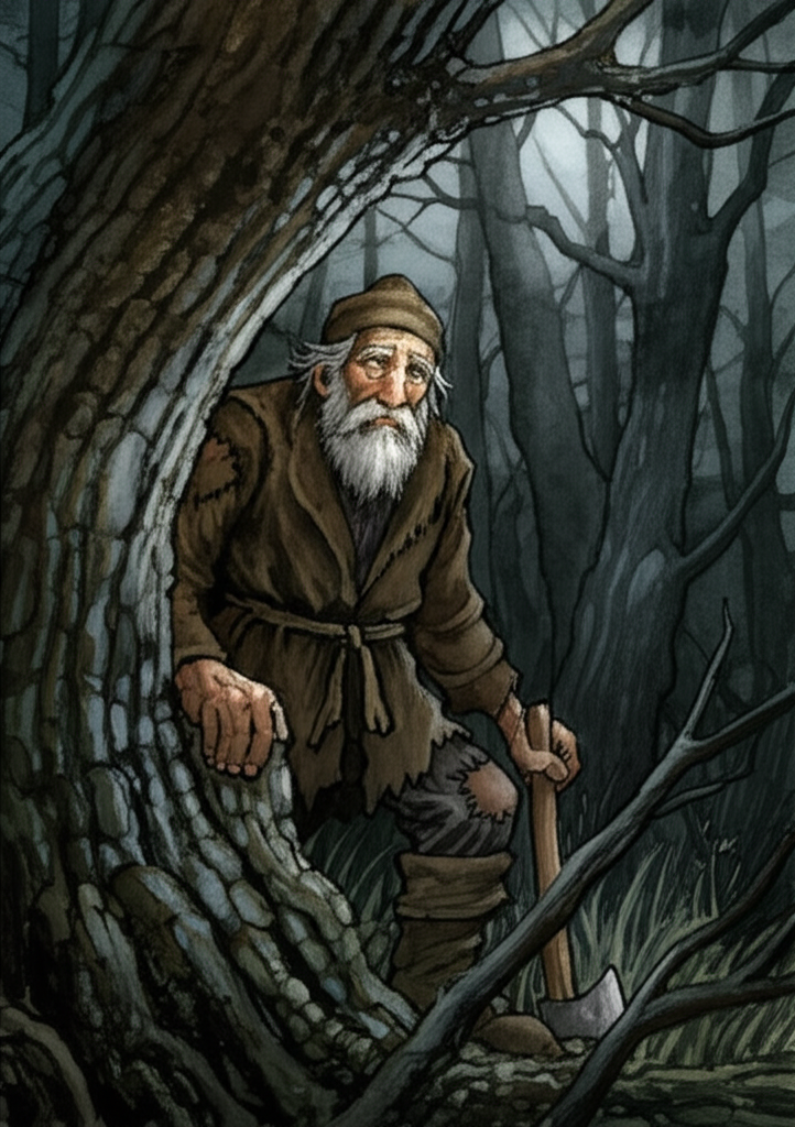 Watercolor illustration: A weathered woodcutter, with a grizzled beard and patched clothing, peers down from a tall, ancient oak tree in a forest. He is partially hidden by the leaves and branches. His expression is one of curiosity and suspicion. He watches the scene of the princess and the fairies in the moonlit clearing below. His axe leans against the tree trunk beside him. The forest is dark and mysterious, with twisted roots and thick undergrowth. The moonlight creates dramatic contrasts between light and shadow. Emotional tone: Secrecy and observation. Artistic style: Naturalistic watercolor with attention to detail in textures and lighting.