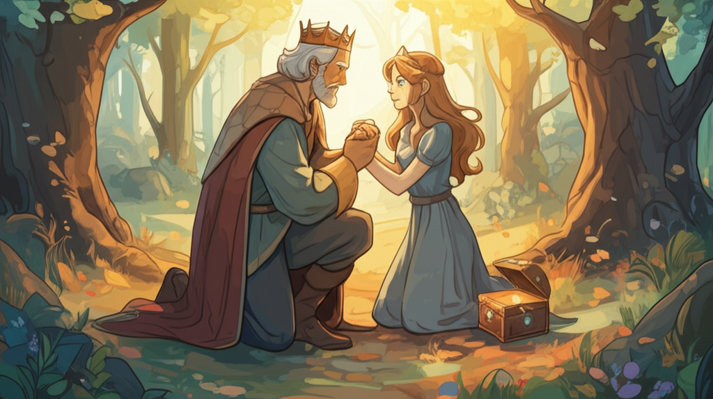 Watercolor illustration: The King, aged and weary, kneels before the Princess in the sunlit forest. The sun, filtering through the leaves, casts dappled light on their faces. He holds her hand gently, his expression pleading. The Princess, her face filled with a mixture of surprise and compassion, looks down at him. The sun-jewel box, intricately carved and inlaid with precious stones, lays open on the ground nearby, glinting in the golden light. The forest floor is covered in fallen leaves and wildflowers. Emotional tone: Reconciliation and hope. Artistic style: Warm and inviting watercolor with emphasis on human emotion.