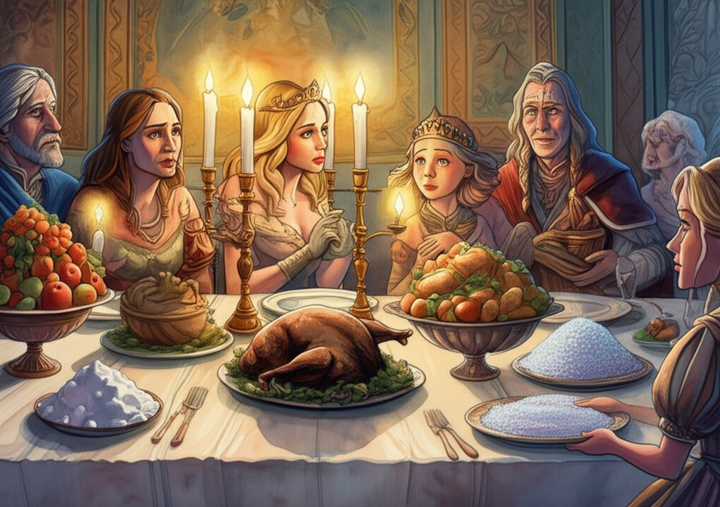 Watercolor illustration: A wedding feast is set with extravagant dishes: roasted peacock, sugar sculptures, and bowls overflowing with fruit. The light is warm and inviting, from multiple candles casting soft pools of light. The King, the Princess, the Helper Girl (in simple, functional clothing), and the Princess’s family are seated together at a long, polished mahogany table. Two plates are presented: one with food covered entirely in glistening salt crystals, and the other with food completely coated in sparkling sugar. The Princess’s family looks apprehensive, while the Helper Girl subtly watches their reactions. The background shows detailed tapestries and paintings on the palace walls. Emotional tone: Tension, choice, and potential danger. Artistic style: Realistic watercolor with emphasis on detail and texture, conveying both opulence and foreboding.