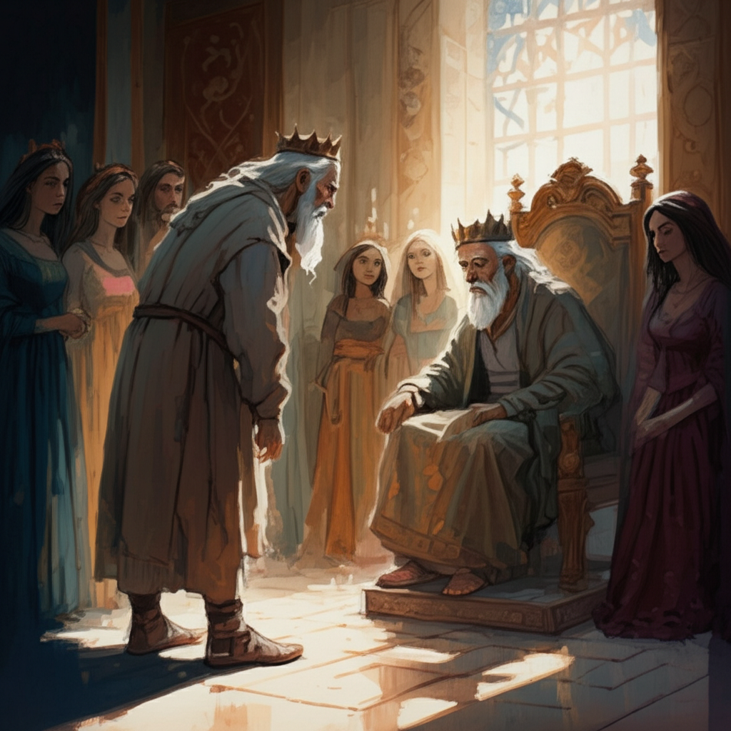 Watercolor illustration of a kind, elderly man with a long, flowing white beard, presenting himself to a sad, crowned King in a grand throne room. The King, seated on a gold-leaf throne, is surrounded by seven beautiful Queens, all looking melancholic. Soft, dappled sunlight streams through stained-glass windows, casting long shadows on the polished marble floor. The man’s beard has individual strands visible, and his clothes are slightly worn, adding to his humbleness. The King’s crown glints, but his face is etched with worry lines. The Queens are dressed in rich velvet gowns in muted jewel tones, their faces pale and tear-streaked. The overall color palette is warm and inviting, but subtly tinged with sadness. Texture: The throne’s velvet cushion is slightly worn, and the marble floor reflects the light unevenly. Artistic style: loose watercolor with soft blending and a focus on capturing the natural flow of the paint.