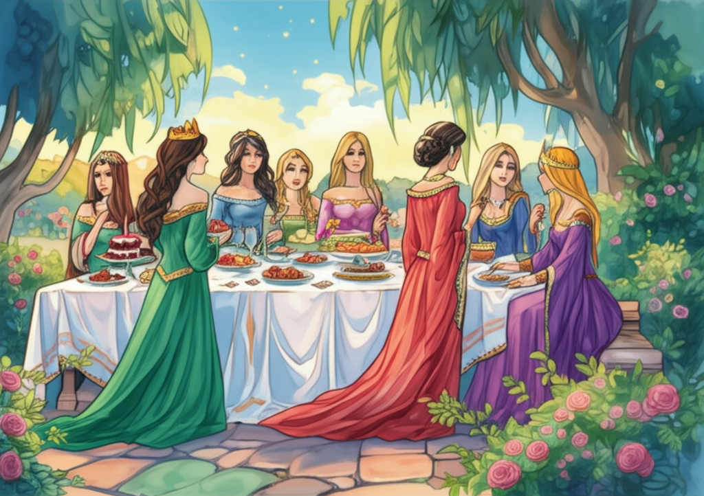 Watercolor illustration of the seven Queens in a lush palace garden during late afternoon. They are dressed in vibrant robes of emerald green, sapphire blue, and ruby red, contrasted by the pastel hues of blossoming roses and lavender. They are indulging in various treats like cakes and fruits arranged on a white linen tablecloth spread across a stone table, but their expressions are tinged with sadness. A gentle breeze rustles the leaves of the overhanging willow trees, casting dancing shadows on the scene. Texture: The soft texture of the linen, the smooth surfaces of the fruits, and the rough bark of the willow tree are all captured in detail. The color palette is vibrant and cheerful, but with a subtle undercurrent of melancholy reflected in the Queens’ downcast eyes. Artistic style: watercolor with delicate blending to convey the softness of the light and the natural textures of the garden. Emphasis on the interplay of light and shadow.