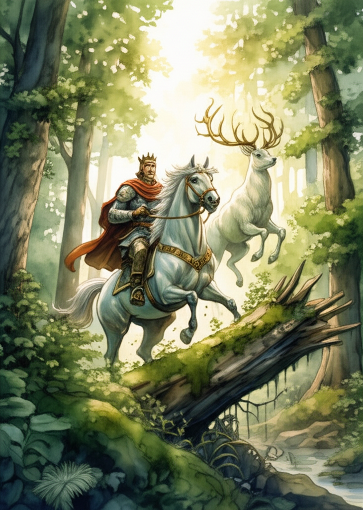 Watercolor illustration of the King on horseback in a dense, green forest at midday. Sunlight filters through the thick canopy, creating dappled shadows on the forest floor. He is chasing a majestic white deer with golden antlers and silver hooves. The deer is leaping over a fallen, moss-covered log. The King’s face is set in grim determination, his brow furrowed. His horse is a powerful steed, its muscles straining with effort. The deer is ethereal and graceful, its coat gleaming in the sunlight. Texture: The rough bark of the trees, the soft moss on the log, and the smooth coat of the deer are all meticulously rendered. Color palette: Dominantly green with highlights of gold and silver, creating a sense of magical realism. Artistic style: Watercolor with a focus on capturing the textures of the forest and the dynamic movement of the chase.