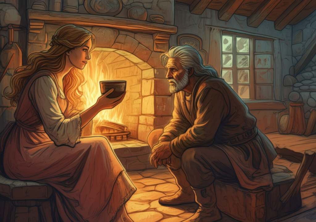 Watercolor illustration of a young, beautiful woman with fair skin and golden hair, offering a wooden cup of water to the King in a small, rustic cottage bathed in the warm glow of a crackling fireplace. She has an ethereal glow about her, her eyes filled with compassion. The cottage is sparsely furnished with a simple wooden table and chairs. The King is seated on a stool, his face haggard and weary. The woman’s dress is simple and homespun, but her presence radiates a sense of peace. Texture: The rough texture of the wooden walls, the smooth surface of the cup, and the warmth of the fireplace are all palpable. The overall color palette is warm and inviting, with soft, diffused lighting that creates a sense of intimacy and comfort. Artistic style: Watercolor with soft, gentle brushstrokes to create a dreamlike quality. Emphasis on capturing the emotional connection between the two characters.