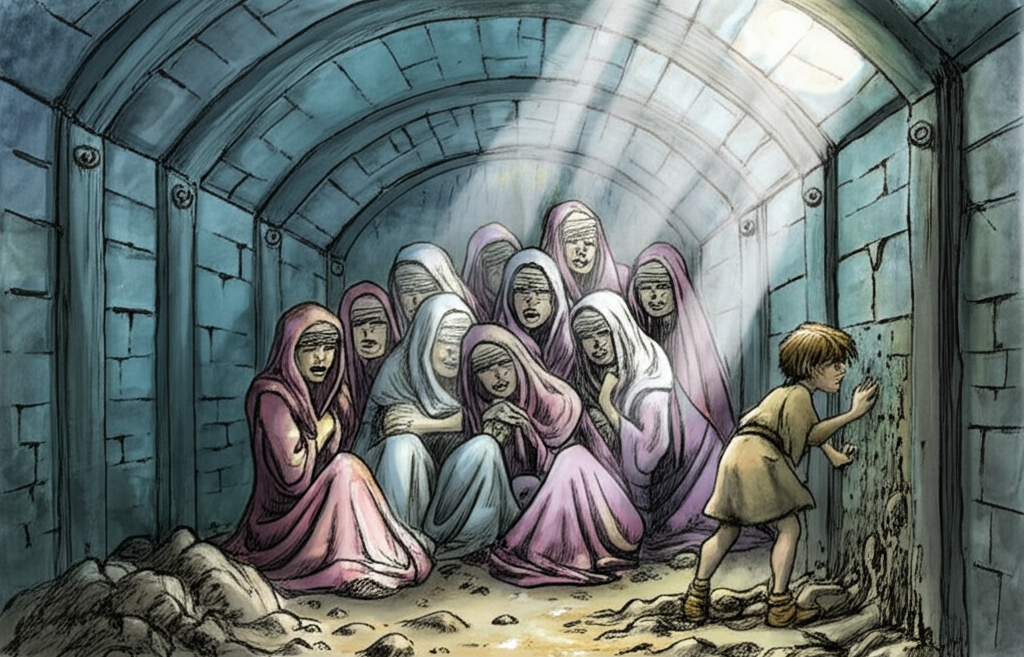 Watercolor illustration of a dungeon scene with seven blind Queens huddled together, looking distressed. The dungeon is cold and damp, with rough stone walls and a dirt floor. A single shaft of light penetrates from a small grate high above. A young boy, the son, is secretly digging a small hole in the mud wall with his hands, his face determined. The Queens’ faces are etched with fear and despair. Their robes are tattered and stained. Texture: The rough texture of the stone walls, the dampness of the dirt floor, and the worn fabric of the robes are all vividly portrayed. The color palette is dark and somber, with shades of gray and brown dominating the scene. Artistic style: Watercolor with loose, expressive brushstrokes to convey the sense of confinement and desperation. Emphasis on capturing the emotional distress of the characters.