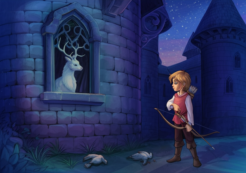 Watercolor illustration of a handsome young boy with a bow and arrow, standing beneath the palace window during twilight. The sky is a blend of deep blues and purples, and a few stars are beginning to appear. A dead pigeon lies on the ground, its feathers ruffled. The white deer Queen is peering out from the window with a jealous expression, her antlers partially visible in the dim light. The palace window is ornate and gothic. The boy’s face is filled with youthful confidence. Texture: The rough texture of the palace stones, the delicate feathers of the pigeon, and the smooth surface of the windowpane are all rendered with detail. The color palette is a mix of cool blues and purples with warmer tones highlighting the Queen’s jealous expression. Artistic style: Watercolor with a focus on capturing the atmospheric quality of twilight and the subtle nuances of the characters’ emotions.