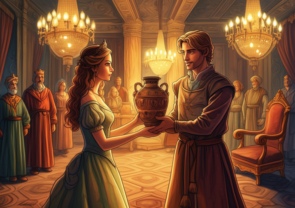 Watercolor illustration of the son of seven Queens, now a young man with a confident stance, exchanging a piece of finely crafted pottery with a wise-looking Princess in a royal chamber bathed in the golden light of chandeliers. The King and his court look on in the background, their expressions a mixture of curiosity and suspicion. The royal chamber is richly decorated with tapestries and ornate furniture. The pottery is intricately designed. The Princess’s face is intelligent and kind. Texture: The smooth texture of the pottery, the rich fabric of the tapestries, and the polished surface of the furniture are all meticulously depicted. The overall color palette is warm and inviting, with a sense of grandeur and sophistication. Artistic style: Watercolor with a focus on capturing the details of the royal chamber and the character’s expressions. A subtle use of dry brush technique enhances the tapestry texture.