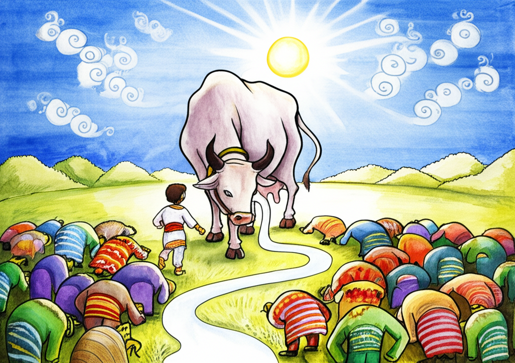 Watercolor illustration of the son of seven Queens leading a large, white Jogi cow with a never-ending stream of milk pouring from its udders under a bright midday sun. He is walking past a field of eighteen thousand cartoonish monsters, who are bowing down to him in reverence. The Jogi cow is taller than the monsters, highlighting its importance. The sky is a brilliant blue with fluffy white clouds. The monsters are colorful and whimsical, each with a unique design. The son is wearing simple clothes, his face filled with determination. The milk creates a flowing river amidst the bowing monsters. Texture: The soft fur of the cow, the smooth flow of the milk, and the varied textures of the monsters are all rendered with detail. The overall color palette is bright and cheerful, with a sense of whimsy and wonder. Artistic style: Watercolor with bold, vibrant colors and a playful style. Emphasis on creating a sense of scale and the contrast between the cow and the monsters.