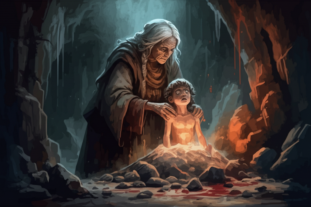 Watercolor illustration of the old woman with a stern face creating the boy out of ashes, using her blood as life force in a dimly lit, ancient cave. The cave walls are covered in strange symbols. The resurrected boy opens his eyes wide, his expression a mixture of wonder and fear. The old woman’s face is lined with wrinkles and her eyes gleam with power. The ashes swirl around the boy’s emerging form. Texture: The rough texture of the cave walls, the powdery texture of the ashes, and the raw energy of the life force are all vividly portrayed. The color palette is dark and earthy, with flashes of red representing the blood. Artistic style: Watercolor with dramatic lighting and expressive brushstrokes to convey the mystical and transformative nature of the scene. A sense of ethereal glow surrounds the boy and the old woman.