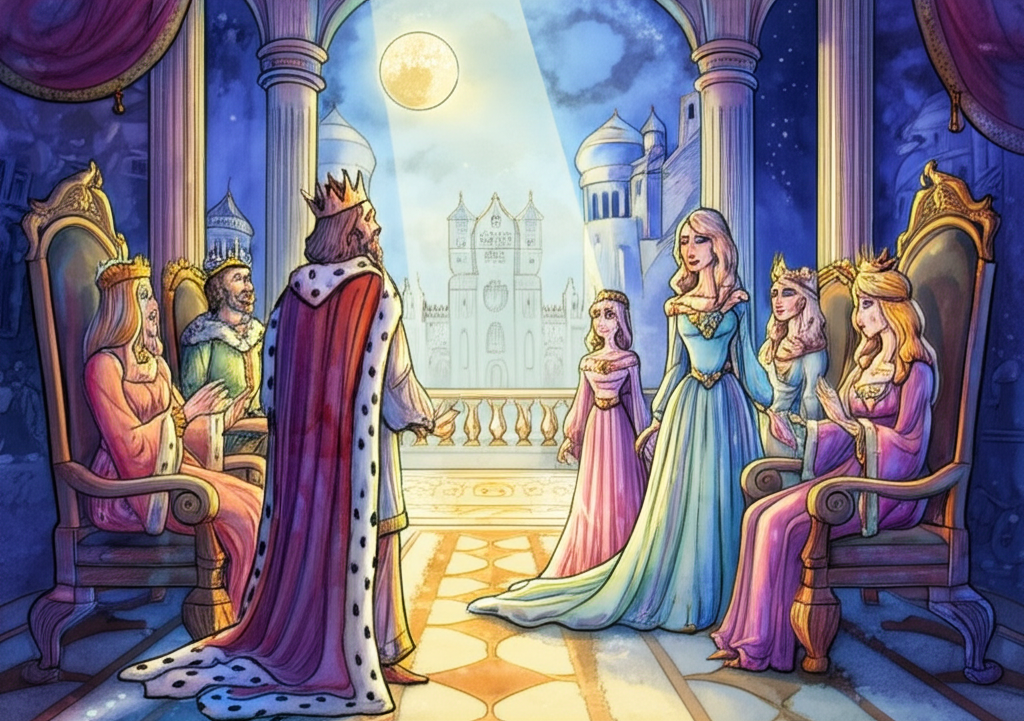 Watercolor illustration of the King, shocked and remorseful under the bright light of the full moon streaming through the windows, recognizing his seven Queens on royal thrones in a grand palace mirroring his own. The son of seven Queens and the Princess stand beside the Queens, their faces filled with compassion and forgiveness, revealing the deception of the white deer Queen. The two palaces stand opposite each other, connected by a bridge of light. The atmosphere is heavy with emotion. The Queens are radiant and regal. The white deer Queen cowers in the shadows. Texture: The smooth texture of the thrones, the rich fabric of the royal robes, and the ethereal quality of the moonlight are all meticulously rendered. The overall color palette is rich and vibrant, with a sense of resolution and hope. Artistic style: Watercolor with a focus on capturing the emotional intensity of the scene and the symbolic significance of the two palaces mirroring each other. A subtle use of washes creates depth and atmosphere.