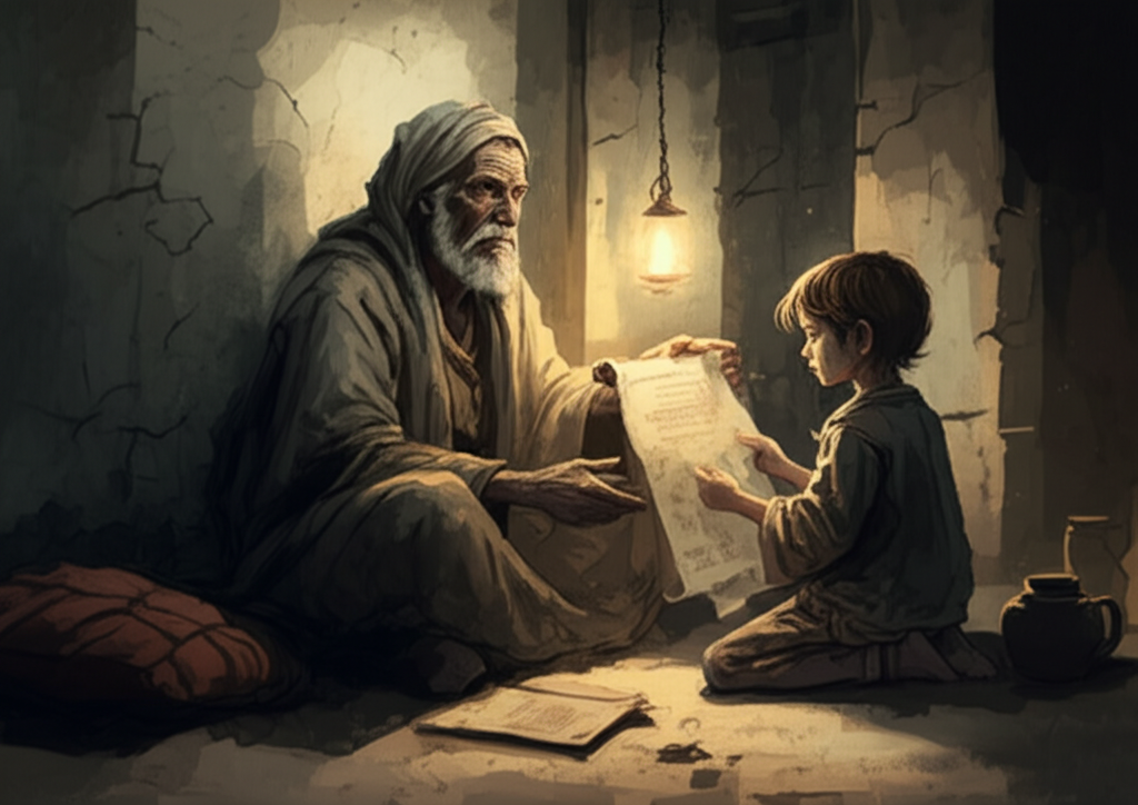 A dying fortune teller, frail and pale with papery skin and sunken eyes, hand trembling as it outstretched, offering a rolled-up scroll (the prediction, bound with worn leather) to his younger son, Gangazara. The scroll is stained with age. They are in a simple, dimly lit room illuminated by a single flickering oil lamp casting long, dancing shadows. The room has a dirt floor, a rough wooden table, and cracked plaster walls. Watercolor style with soft, muted colors of sepia, ochre, and charcoal grey, conveying a sense of impending doom and faded grandeur. Emphasize texture on the fortune teller’s wrinkled face and the aged scroll.