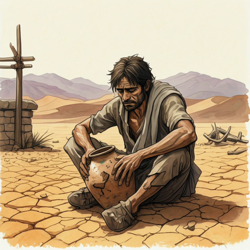 Gangazara, a young man with deeply etched worry lines and downcast eyes, sitting alone on scorching, cracked earth in a desolate sandy desert landscape with the majestic Vindhya Mountains a hazy backdrop. He holds an empty, battered water container, its clay cracked and broken, looking utterly dejected. His clothes are dusty and torn. A cracked, broken well with rotted wooden supports is visible nearby, baking under the intense sun. Watercolor with washes of parched brown and yellow for the desert, and hazy blue/purple for the distant mountains. Sun-bleached bones of an animal lie nearby, further emphasizing the desolation. The sun beats down, creating harsh shadows under Gangazara’s face.