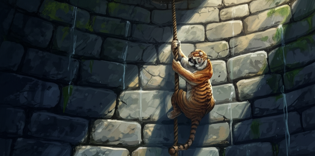 Gangazara peering with cautious hope and trepidation into a dark, crumbling well. Sunlight pierces the darkness, illuminating dust motes dancing in the air. A tiger-king, regal and muscular, with battle scars marring his powerful physique, is clinging desperately to a frayed rope that is precariously attached to Gangazara’s container. The scene is lit dramatically from above, creating stark contrast and highlighting the tiger’s desperate grip. Water drips down the moss-covered well walls. Watercolor with deep shadows of indigo and burnt umber, and realistic tiger stripes using shades of orange, black and white. Emphasize the texture of the rough-hewn stone of the well.