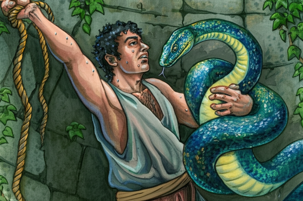 Gangazara cautiously, but with newfound determination, pulling the snake-king out of the well using his container. Sweat beads on his brow. The snake, patterned and scaled with vibrant emerald and sapphire hues, is holding onto the container with its tail, creating a sinuous coil. Its eyes gleam with ancient wisdom. Watercolor with iridescent details on the snake’s scales using subtle hints of gold and silver, making them shimmer in the dim light. Focus on the tension in Gangazara’s arms as he pulls. The well wall is covered in clinging vines.